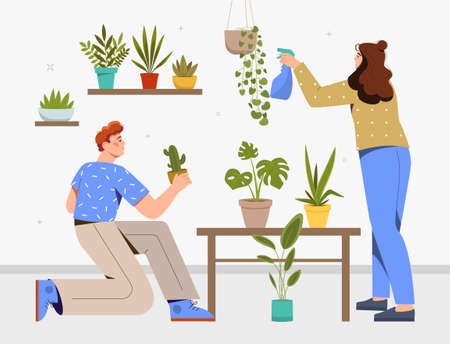 People with plants. Man and girl arrange plants. Gardeners and caring for nature. Family watering their flowers, woman with sprayer and guy with rag, indoor. Cartoon flat vector illustrationのイラスト素材