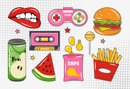 Pop art element. Collection of bright pictures from past, set of retro stickers. Old childrens entertainment, gamepad and food, icon. Cartoon flat vector illustrations isolated on white backgroundのイラスト素材