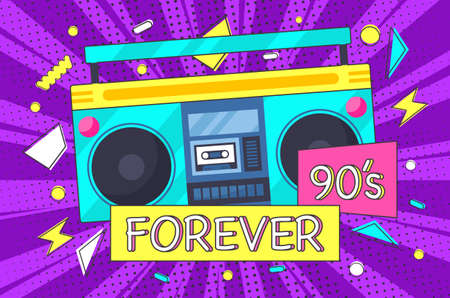 Retro music concept. Advertising poster or banner, wallpaper for computers and phones. Bright picture for printing on Tshirt. Music and audio. Vintage style, old. Cartoon flat vector illustrationのイラスト素材