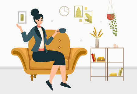 Woman drinking tea. Girl in business suit sitting on chair with mug of coffee. Comfort and coziness, evening rest after work. Morning breakfast and hot drink. Cartoon flat vector illustrationのイラスト素材