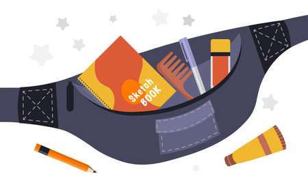 Waist school bag. Book, comb and other school supplies. Children going to school or inventory, things of teenager. Notebook for writing and textbook, education. Cartoon flat vector illustrationのイラスト素材