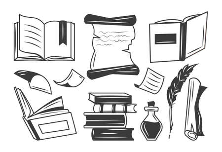 Set of vintage book. Ancient paper in minimalistic style, collection of ancient invectors for writing, manuscripts and Middle Ages. Cartoon flat vector illustrations isolated on white backgroundのイラスト素材