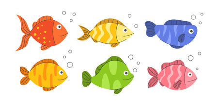 Set of fish. Collection of characters for children. Stickers for social networks, graphic elements for site. Fauna and underwater world. Cartoon flat vector illustrations isolated on white backgroundのイラスト素材