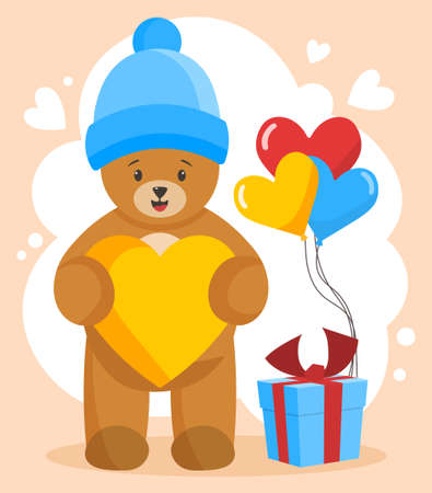 Bear with gift. Stylish design for greeting cards and postcards. Birthday and holidays, animal holds out heart. Character for childrens with balloons and present. Cartoon flat vector illustrationのイラスト素材