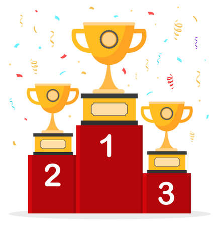 Podium with cups. Awarding of winners, prizes and awards. First, second and third place. Sports competition, poster or banner for website, confetti, triumph. Cartoon flat vector illustrationのイラスト素材