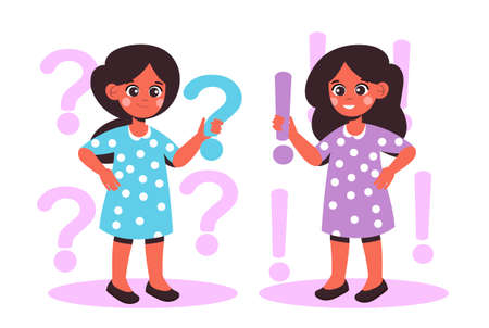 Child on background. Two girls hold out punctuation marks. Decisive and indecisive character. Question or action, abstract image, graphic elements for website. Cartoon flat vector illustrationのイラスト素材
