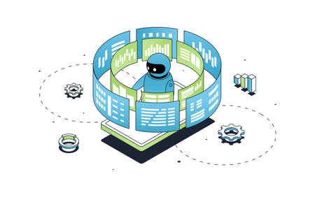 Artifical Intelligence concept. Robot works with information, futuristic images and employees. Automation and innovation. Data analysis and marketing research. Cartoon flat vector illustrationのイラスト素材
