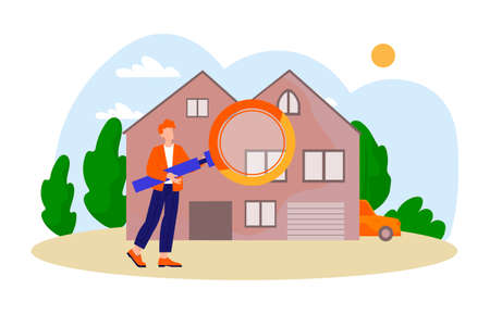 Man looking for home. Real estate investment and financial literacy. Young guy holding magnifying glass or loupe. Asset valuations, new housing, investigation. Cartoon flat vector illustrationのイラスト素材