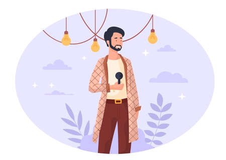 Stand up show. Man stands with microphone on stage, comic and humorous concert. Cheerful and...