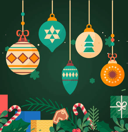 Collection of Christmas balls. Stylish element for site, advertising banner or poster, place for texts. Different decorations for Christmas tree and gift boxes. Cartoon flat vector illustrationのイラスト素材