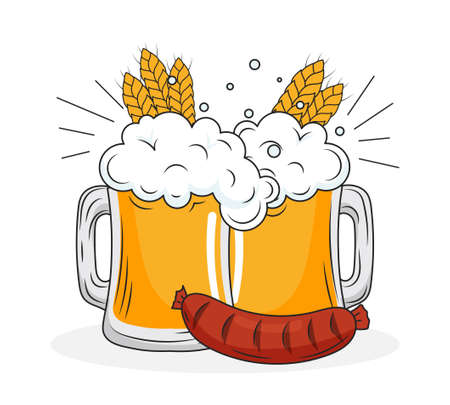 Two beer mugs with sausage. Alcoholic drinks and German traditions, holidays and Oktoberfest. Hops, cup with foam. Minimalistic image, banner or poster for website. Cartoon flat vector illustrationのイラスト素材