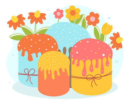 Easter cakes set. Stylish design for posters or banners for website. Traditional religious spring...