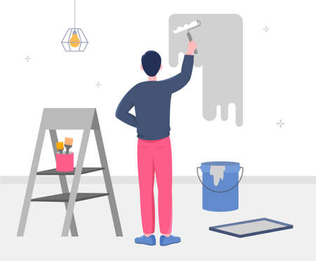 Concept of renovation. Man with roller paints walls in room in gray, repair in office or apartment. Rearrangement, worker or owner, painter. Tools and ladder. Cartoon flat vector illustrationのイラスト素材