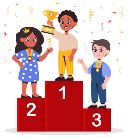 Winner podium with kids. Best students in school, competitions among children. Leadership, motivation and success. Award and goal achievement, prize and trophy. Cartoon flat vector illustrationのイラスト素材