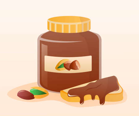 Jar of nut paste. Sweets and popular products, morning and traditional breakfast. Nuts and healthy fats. Bread with sugar, tea or coffee dish. Fast and unhealthy food. Cartoon flat vector illustrationのイラスト素材