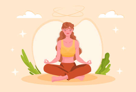 Concept of meditation. Young girl sits in lotus position, yoga, pose and taking care of her health. Inner peace and concentration. Balance and mental health. Cartoon flat vector illustrationのイラスト素材