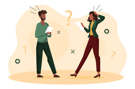 Couple doubting with paper. Brainstorming, young man and girl in office, employees at loss. Problems and difficult solution, search for answers to questions. Cartoon flat vector illustrationのイラスト素材