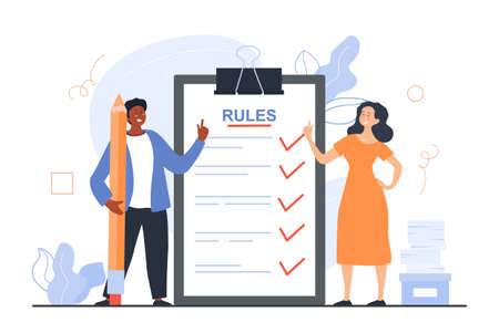 Concept of rules. Man and girl standing next to plan. Employees familiarize themselves with daily routine. Family rules. Mother and son communicate at house. Cartoon flat vector illustrationのイラスト素材