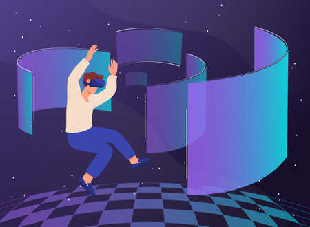 Concept of metaverse. Modern technologies and futuristic pictures, vr glasses and augmented reality. Young guy flies in space, universe and devices for games. Cartoon flat vector illustrationのイラスト素材