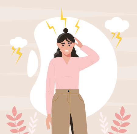 Head Ache concept. Young cute woman holding her head. Diseases and problems. Medical card or poster. Migraine and head trauma. Pain and suffering, overload, fatigue. Cartoon flat vector illustrationのイラスト素材
