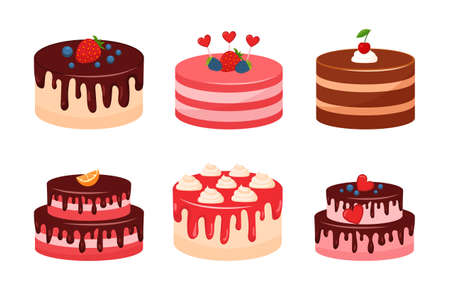 Set of delicious birthday cakes. Colorful stickers with sweet desserts with chocolate icing, berries...