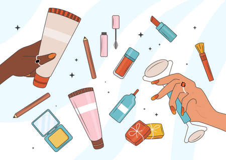 Set of cosmetic products. Creams, lotions, serums and tools for facial skin care. Lipstick, mascara and makeup brush. Beauty routine. Cartoon flat vector collection isolated on white backgroundのイラスト素材