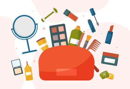 Cosmetic Bag with different Skin Care Products. Moisturizer Cream, cleansing serum, mirror, lipstick, mascara and face powder. Beauty routine and makeup application. Cartoon flat vector illustrationのイラスト素材