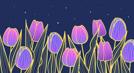 luxury gold floral line art wallpaper. Colorful poster with purple tulips, leaves and dark sky. Design element for invitations and printing on paper. Cartoon contemporary flat vector illustrationのイラスト素材