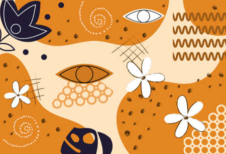 Abstract orange poster. Colorful template with geometric shapes, black flowers, eye, leaves and...
