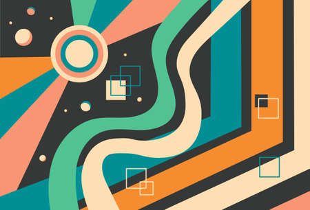 1980s Style Abstract Space. Colorful retro poster with waves, geometric shapes, lines and planets....