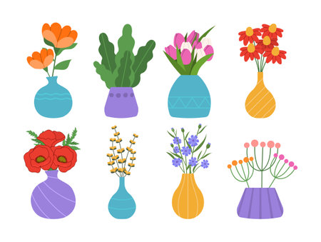 Set of wild and garden blooming flowers in vases and bottles. Colorful stickers with bouquets of tulips, daisies, peonies and field plants. Cartoon flat vector collection isolated on white backgroundのイラスト素材