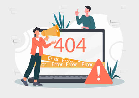 Error 404 concept. No internet connection. Young man standing next to large laptop and reading error warning. Page was not found. Problem or breakdown. Cartoon contemporary flat vector illustrationのイラスト素材