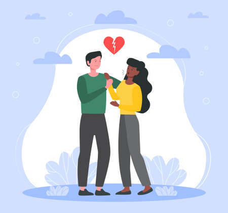 Toxic relationship concept. Violence against women. Man restrains woman, infringes on her rights and forbids her to express opinion. Destroyed or unhealthy love. Cartoon flat vector illustrationのイラスト素材