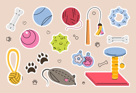 Set of pet toys in cute style. Colorful stickers with rattles, balls, skeins of thread, scratching post, clockwork mouse and bone. Cartoon flat vector collection isolated on beige backgroundのイラスト素材