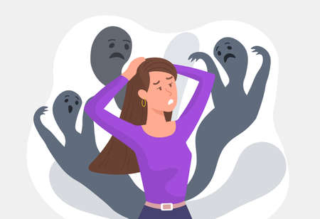 Schizophrenia or psychological disorder concept. Woman surrounded by ghosts and fears holds her head and worries. Dissociative personality disorder, mental imbalance. Cartoon flat vector illustrationのイラスト素材