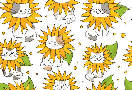 Sunflower and cats seamless pattern. Colorful poster with cute smiling kittens and yellow flowers. Design element for packaging and printing on fabric or paper. Cartoon flat vector illustrationのイラスト素材