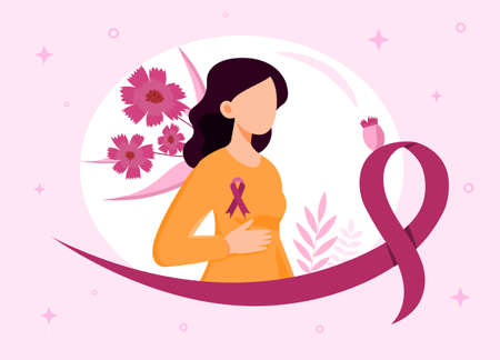 Breast Cancer Awareness Month concept. Young woman with purple ribbon palpates her breasts and excludes cancer. Diagnosis and prevention of serious diseases. Cartoon flat vector illustrationのイラスト素材