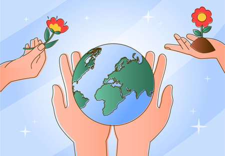 Happy Earth Day concept. Big male hands hold planet, soil and flowers. Metaphor of caring for environment, nature conservation and protection of flora and fauna. Cartoon flat vector illustrationのイラスト素材