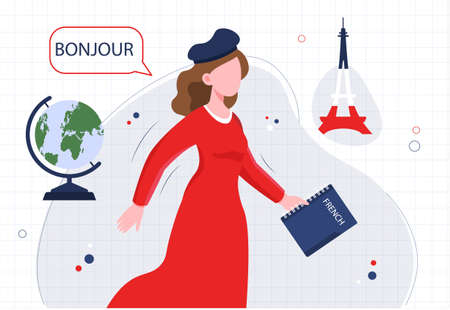 French Language School concept. Young woman in beret holds book, learns French words and says hello. Eiffel Tower and globe. Online education. Linguistic course. Cartoon flat vector illustrationのイラスト素材