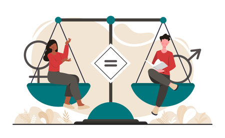 Gender equality concept. Man and woman sitting on balancing scales with equal sign. Same career opportunities for male and female entrepreneurs or employees. Cartoon flat vector illustrationのイラスト素材
