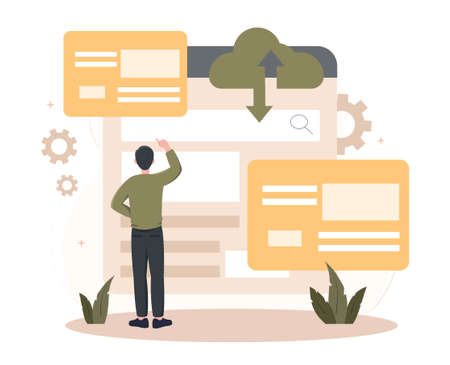 Cloud storage of information concept. Data entry services. Young man uploads documents to digital information system, shares files and downloads projects. Cartoon modern flat vector illustrationのイラスト素材