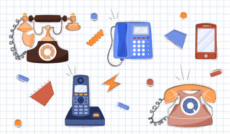 Set of five various phones. Stickers with smartphone, modern cell phone, home phone with buttons and wheel and vintage retro device. Cartoon flat vector collection isolated on checkered backgroundの写真素材