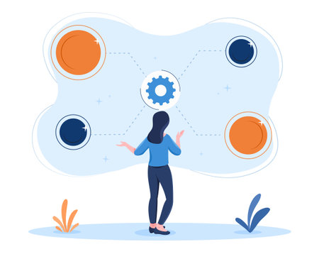 Concept of range of options. Young woman presses button and selects function from alternative tool options in general application menu. User interface. Cartoon modern flat vector illustrationのイラスト素材