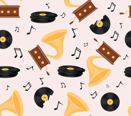 Gramophone or music player seamless pattern. Template with retro device for listening melodies, vinyl records and and notes. Design element for packaging and printing. Cartoon flat vector illustrationのイラスト素材