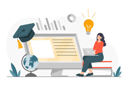 Online education concept. Young woman sitting on stack of books, holding laptop and watching webinar or video course. University student gets new knowledge. Cartoon modern flat vector illustrationのイラスト素材