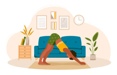 Morning activity for healthy lifestyle. Young woman in tracksuit does yoga or stretching after waking up. Fitness or sports. Female character performs exercises. Cartoon flat vector illustrationのイラスト素材