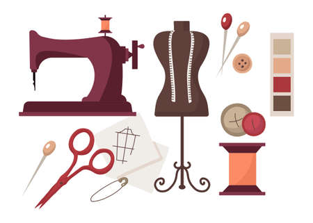 Collection of sewing. Set of elements for tailoring. Social media stickers, tools, thread and...