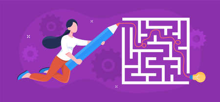 Business solution concept. Girl with large pencil draws path to labyrinth. Designer and freelancer, creative person and searching for idea. Inspiration and insight. Cartoon flat vector illustrationのイラスト素材