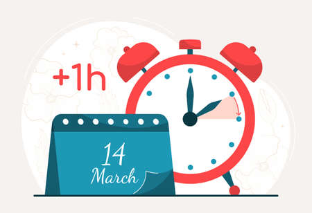 Change your clocks. Winter and summer time, calendar. Marked date in spring, 14 March. Preservation of daylight and habitual lifestyle. Reminder poster or banner. Cartoon flat vector illustrationのイラスト素材