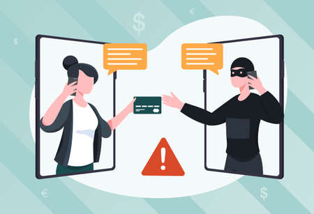 Cyber crime concept. Man in mask intercepts card from girls hands through smartphone screen. Money theft and fraud, criminal in digital world. Warning and reminder. Cartoon flat vector illustrationのイラスト素材